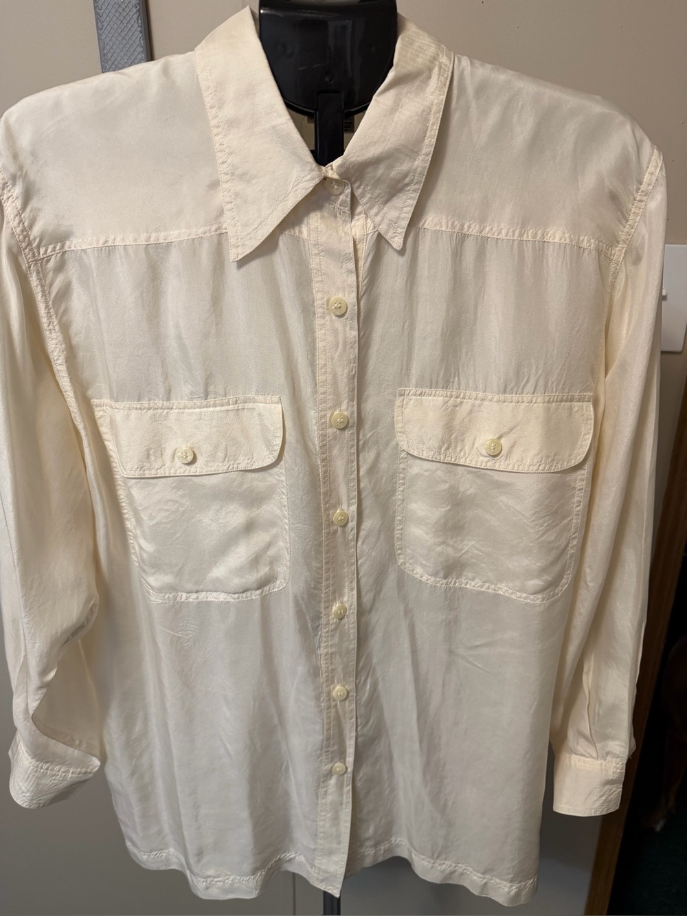 Vintage Silktime 100% Silk Cream Button Down Utility Blouse Shirt Size M